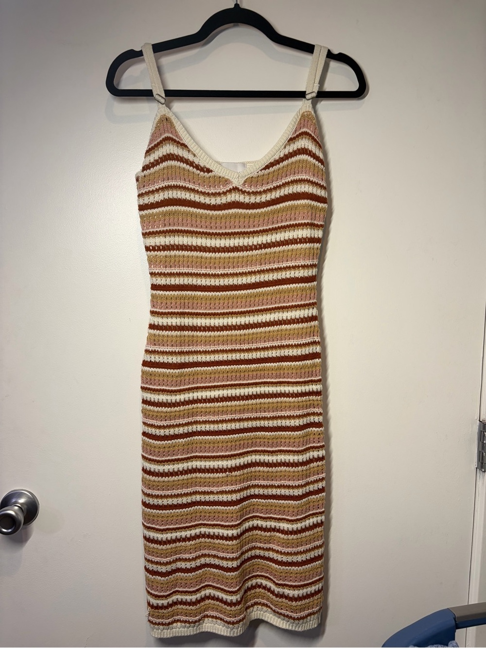 Pink Rose Striped Knit Midi Dress in Cream, Brown & Pink